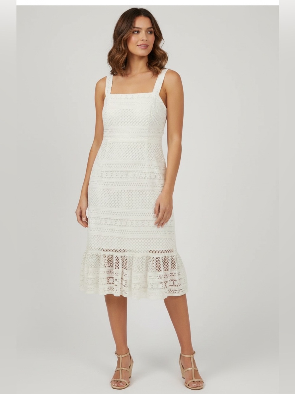 J. Crew Geometric Lace Midi Dress Size 0 Ivory Lace Midi Dress with Ruffle Hem